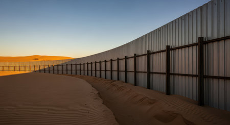 Desert metal fence: sunset dunes and protective barrier landscapeの素材