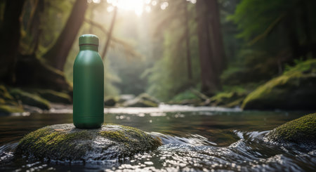 Green water bottle on mossy rock in serene forest streamの素材