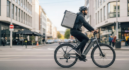 Young hispanic male riding bicycle with delivery backpack in urban city streetの素材