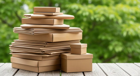 Stacked parcel boxes on wooden table with green backgroundの素材