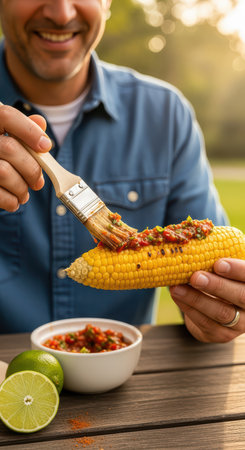 Smiling caucasian male enjoying grilled corn with spicy salsa outdoorsの素材