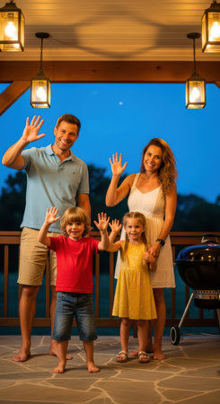 Happy family barbecue evening: caucasian adults with children waving outdoorsの素材