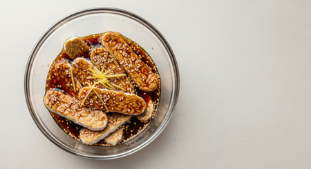 Tempeh slices in soy glaze with sesame and ginger garnishの素材