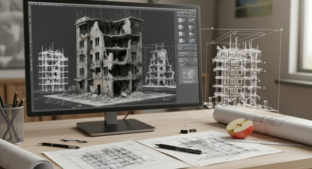 Architectural design on display: computer interface with building drawings and blueprintsの素材