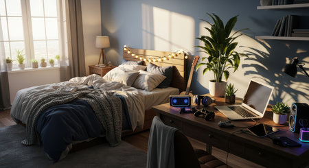 Cozy bedroom interior with laptop and gaming setup in modern decorの素材
