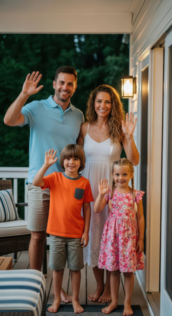 Happy caucasian family waving on porch: young parents with children in summer attireの素材