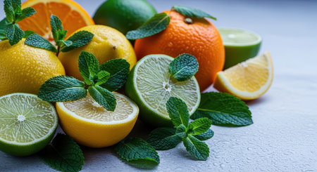 Fresh citrus arrangement with mint leaves on textured surfaceの素材