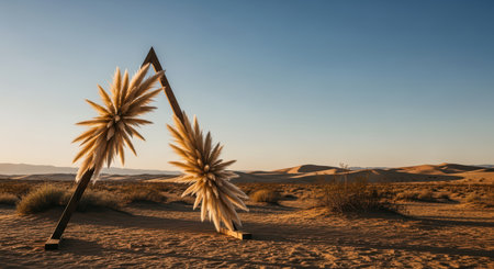 Desert art installation with pampas grass under a clear blue skyの素材