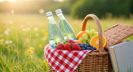Picnic basket with fruits and water bottles on a sunny fieldの素材