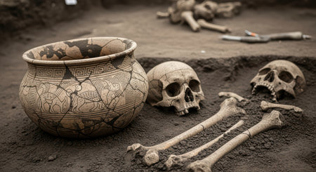 Ancient archaeological dig: skulls, bones, and pottery unearthed in historical excavationの素材