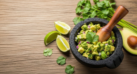 Fresh guacamole in mortar with avocado, lime, and cilantro on wooden tableの素材