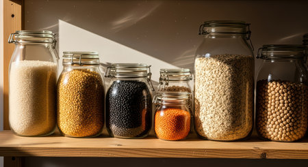 Sunlit jars of beans, grains, and lentils on wooden shelfの素材