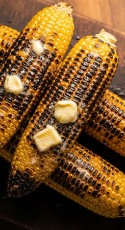 Grilled corn on the cob with butter on dark rustic backgroundの素材