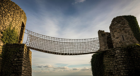 Historic stone castle ruins with suspended rope bridge under clear skyの素材