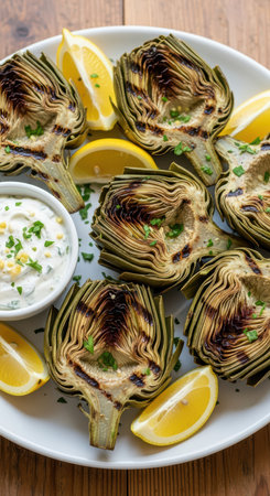 Grilled artichokes with lemon wedges and herb dip on round white platterの素材