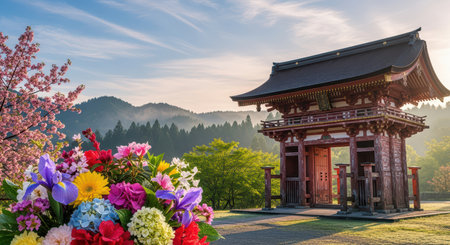 Traditional japanese gate with colorful flowers and scenic mountain viewの素材