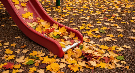 Vibrant autumn leaves covering red playground slide in parkの素材