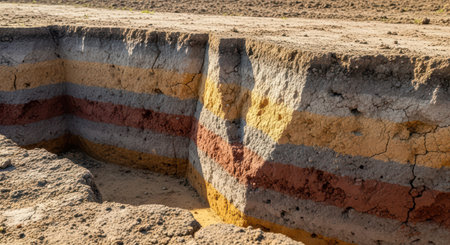 Exposed soil layers revealing natural stratification and geological formationの素材