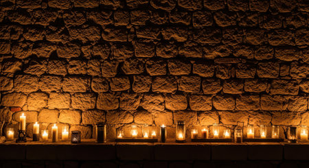 Warm candlelight illuminating textured stone wall in cozy ambient settingの素材