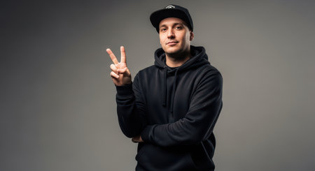 Confident young caucasian male in black hoodie showing peace signの素材