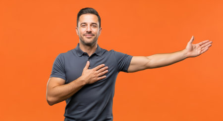 Smiling caucasian male adult gesturing with outstretched arm on orange backgroundの素材