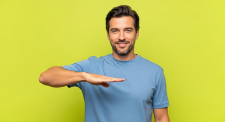 Smiling young caucasian male in blue shirt gesturing against yellow backgroundの素材