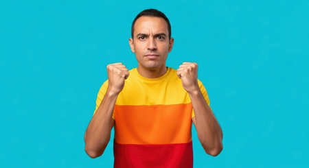 Confident young hispanic male with determined expression on blue backgroundの素材