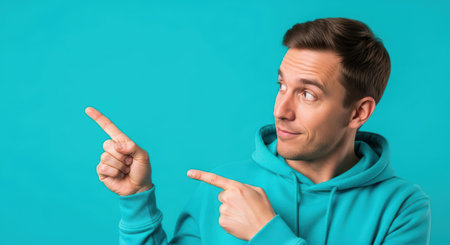 Caucasian young male in teal hoodie pointing on turquoise backgroundの素材