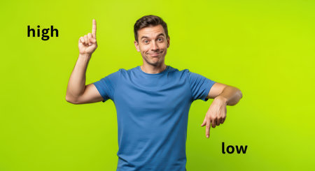 Confident caucasian young male gesturing high and low on bright green backgroundの素材