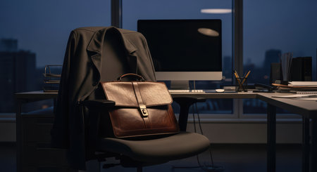 Office desk at night with leather briefcase and coat on chair in corporate settingの素材
