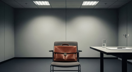Empty office room with leather briefcase on chairの素材