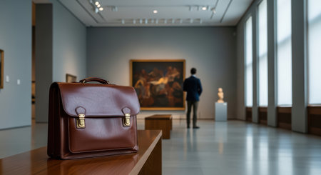 Elegant briefcase in art gallery with male patron viewing paintingsの素材