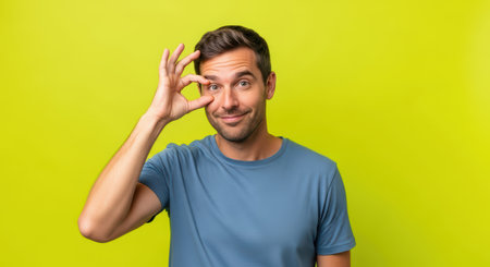 Smiling young caucasian male making ok gesture on bright green backgroundの素材