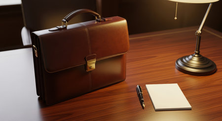 Luxurious leather briefcase on wooden desk with notepad and pen in ambient lightingの素材