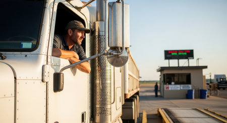 Caucasian male truck driver in cap at weigh station during sunsetの素材