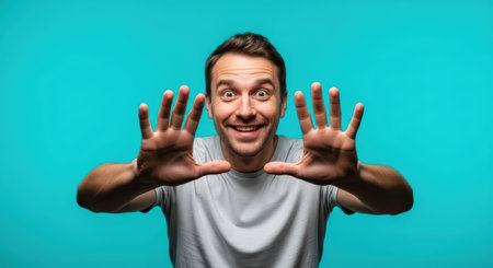 Caucasian young male expressing surprise with hands raised against blue backgroundの素材