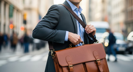 Young caucasian male professional with leather briefcase in urban street settingの素材