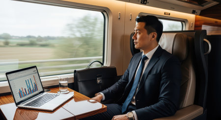 Asian young male businessman analyzing data on laptop in train cabin journeyの素材