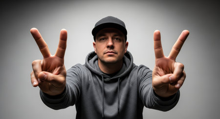 Caucasian male in hoodie and cap making peace signs with both handsの素材