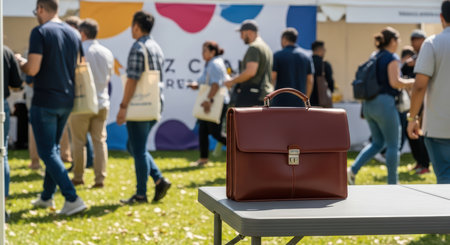 Leather briefcase on table at outdoor business event with diverse adult crowdの素材