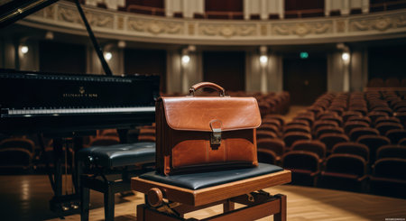 Empty concert hall with brown leather briefcase on piano benchの素材