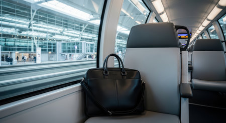 Black leather briefcase on empty train seat in modern stationの素材