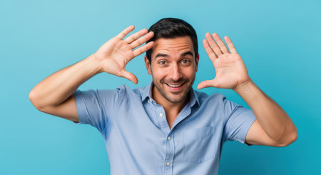 Cheerful hispanic young adult male gesturing playfully against blue backgroundの素材