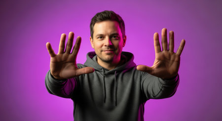 Young caucasian male in hoodie with outstretched arms against purple backdropの素材