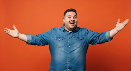 Cheerful young caucasian male in denim shirt against orange backgroundの素材