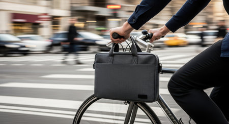 Urban caucasian male adult cycling with briefcase in city streetの素材
