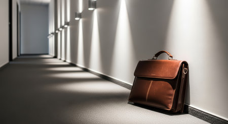 Elegant brown leather briefcase in minimalistic office hallwayの素材
