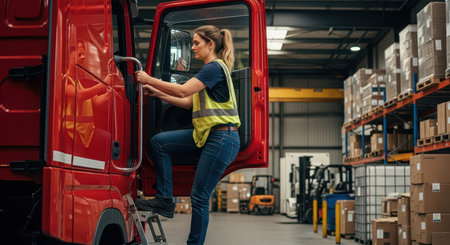 Female caucasian young adult climbing truck in warehouse with boxes and forkliftsの素材