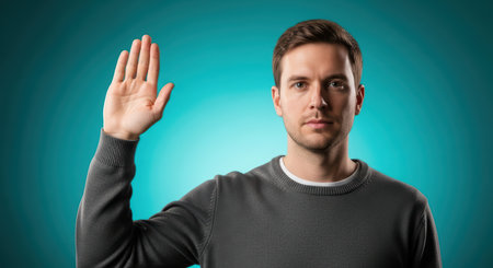 Caucasian male adult posing with hand raised against blue backgroundの素材