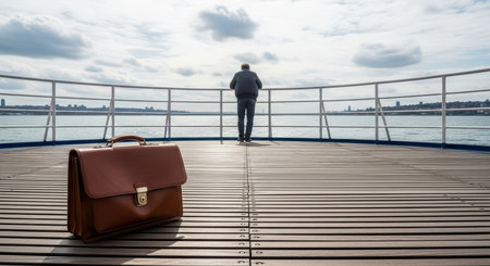 Elderly caucasian man reflecting on deck with leather briefcaseの素材
